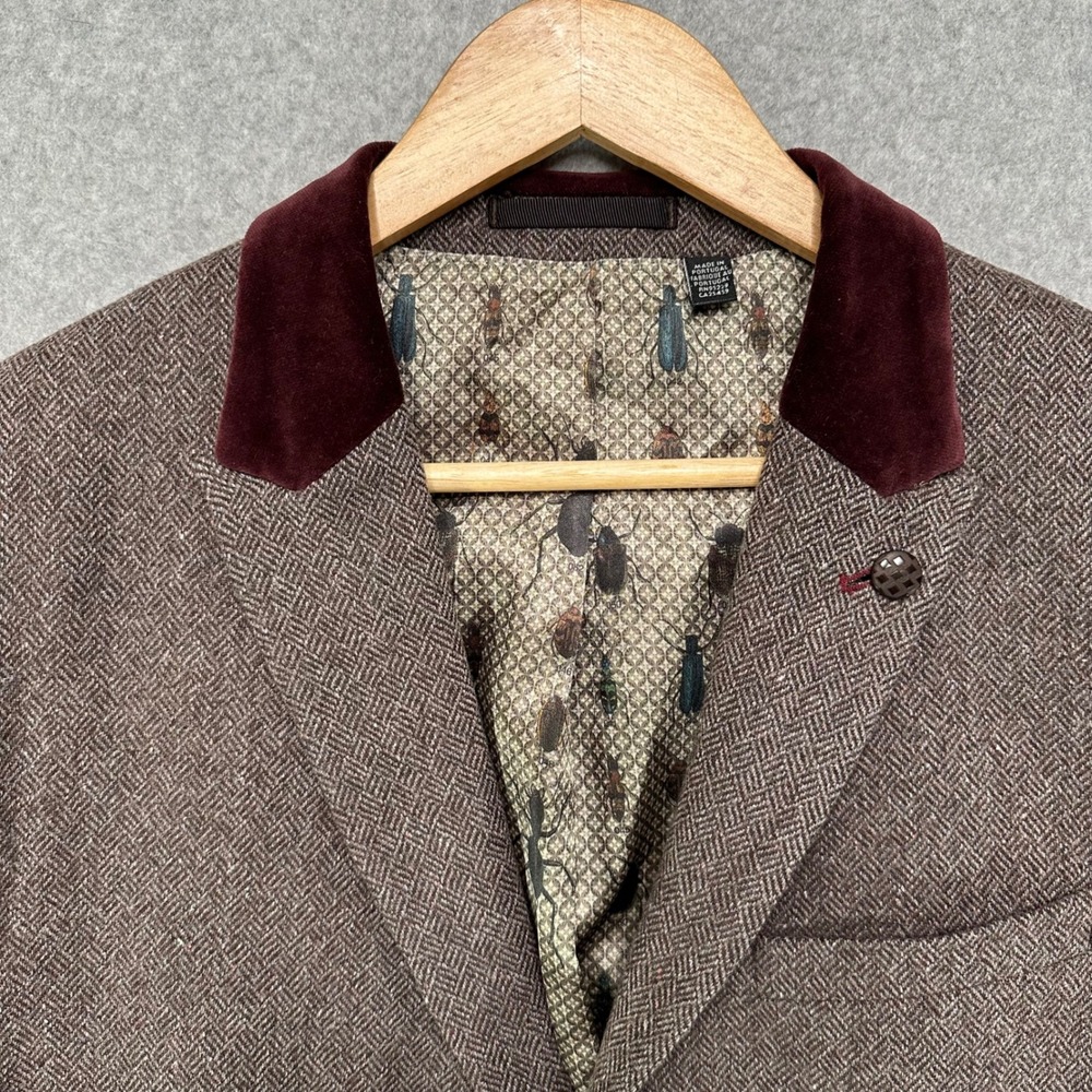 Ted Baker London Mens 42R Brown Herringbone Wool Blend Velvet Collar Blazer